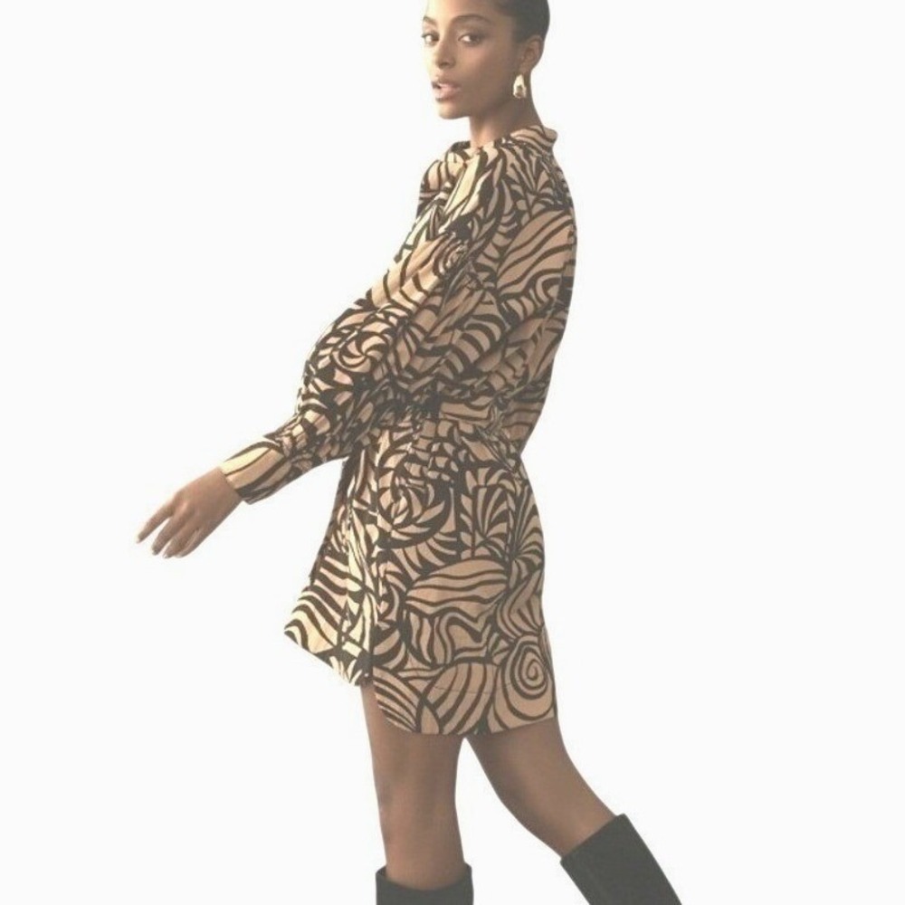 Anthropologie | Abstract Swirl Print Mini Shirt Dress Tunic Tan Black | Size S